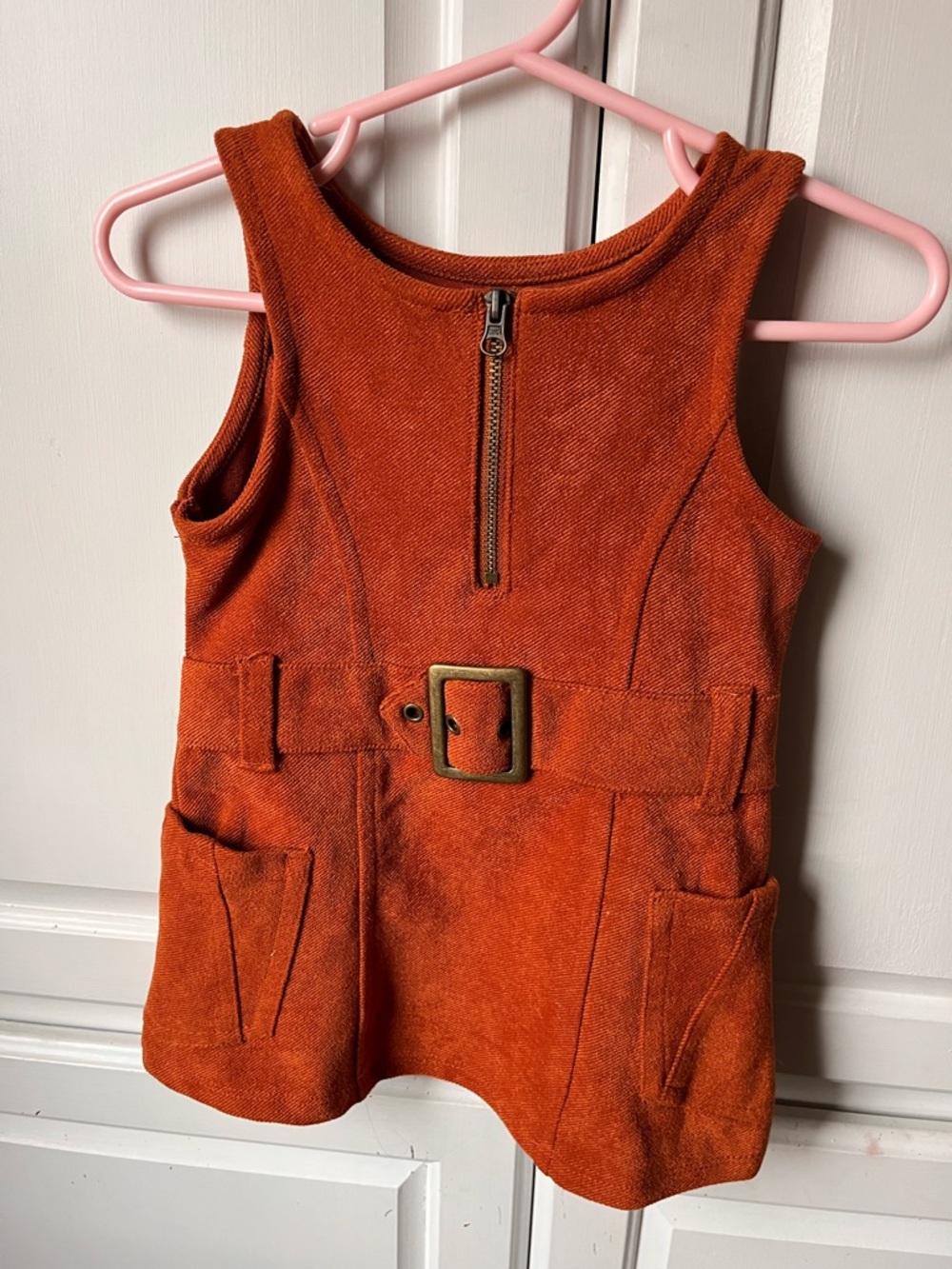 Girls Orange Suede Belted Pocket Dress
